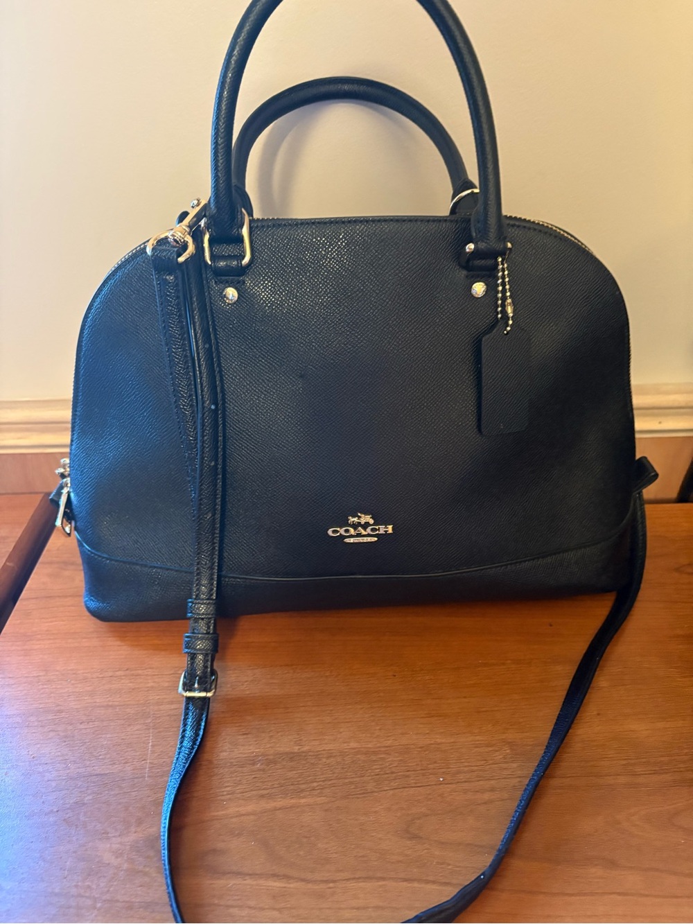 Coach Black Leather Dome Satchel with Removable Strap and Gold Hardware
